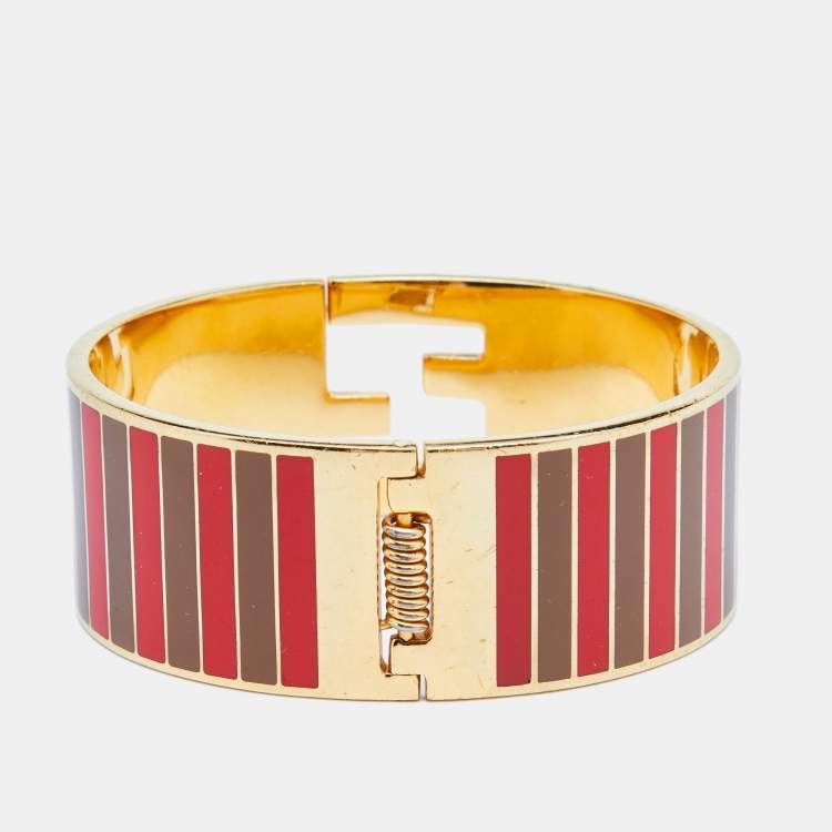 Pre Owned Fendi Fendista Striped Enamel Gold Tone Wide Bracelet S