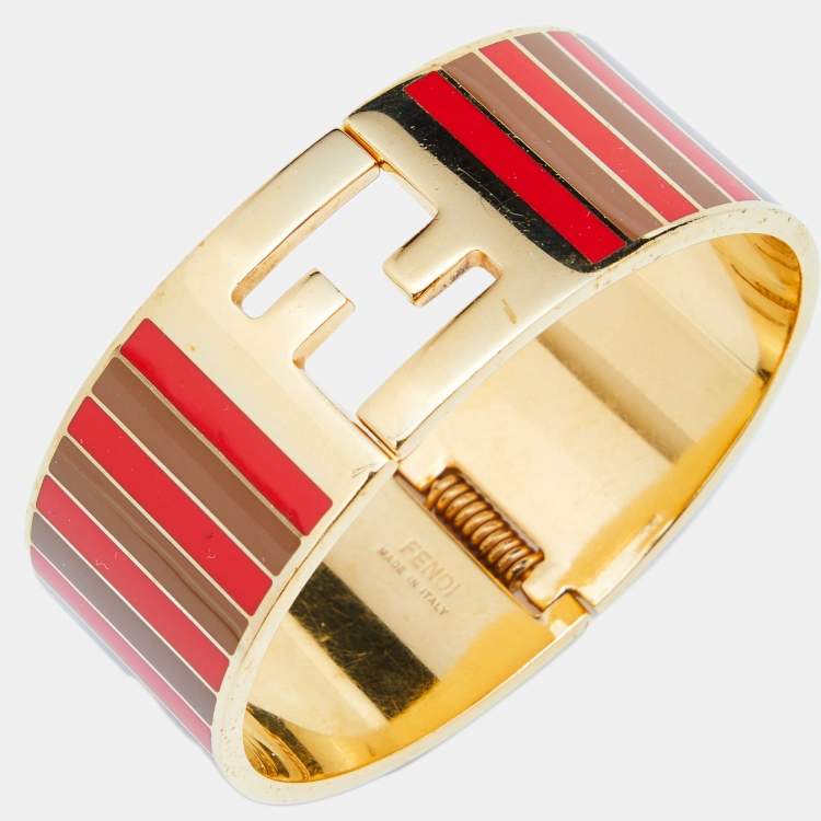 Pre Owned Fendi Fendista Striped Enamel Gold Tone Wide Bracelet S