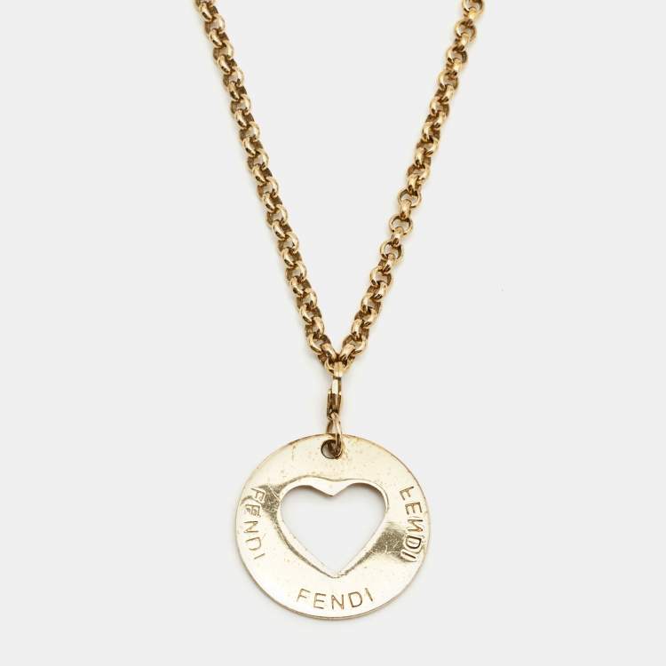 Pre Owned Fendi Gold Tone ID Heart Charm Pendant Necklace