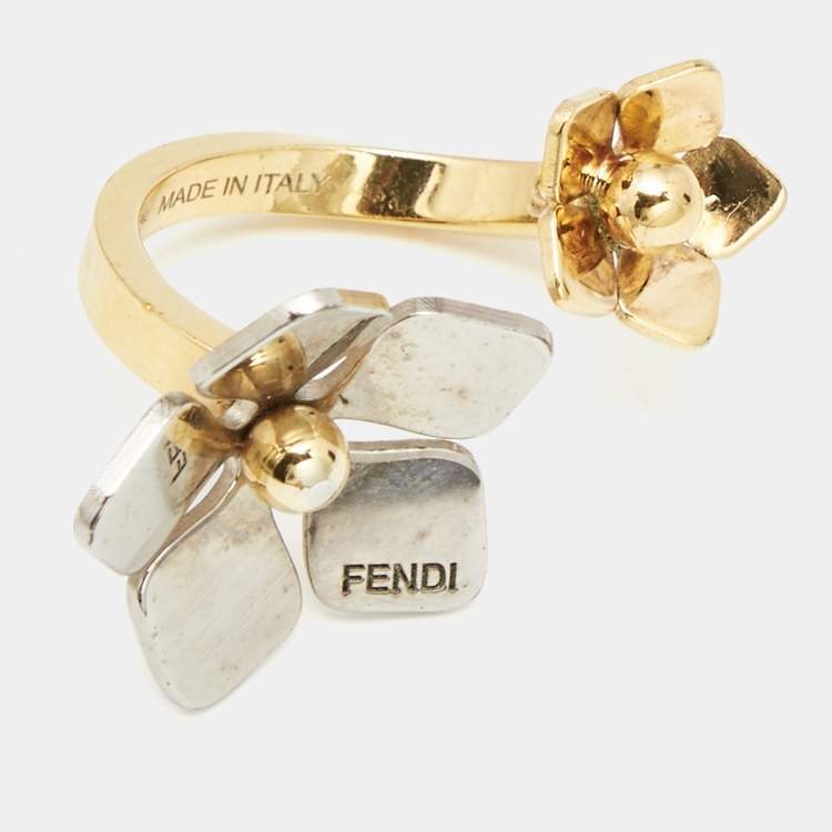 Pre Owned Fendi Flower Motif Two Tone Open Ring Size S
