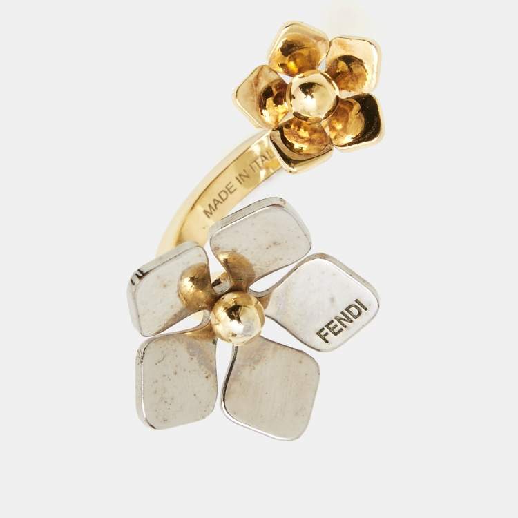 Pre Owned Fendi Flower Motif Two Tone Open Ring Size S