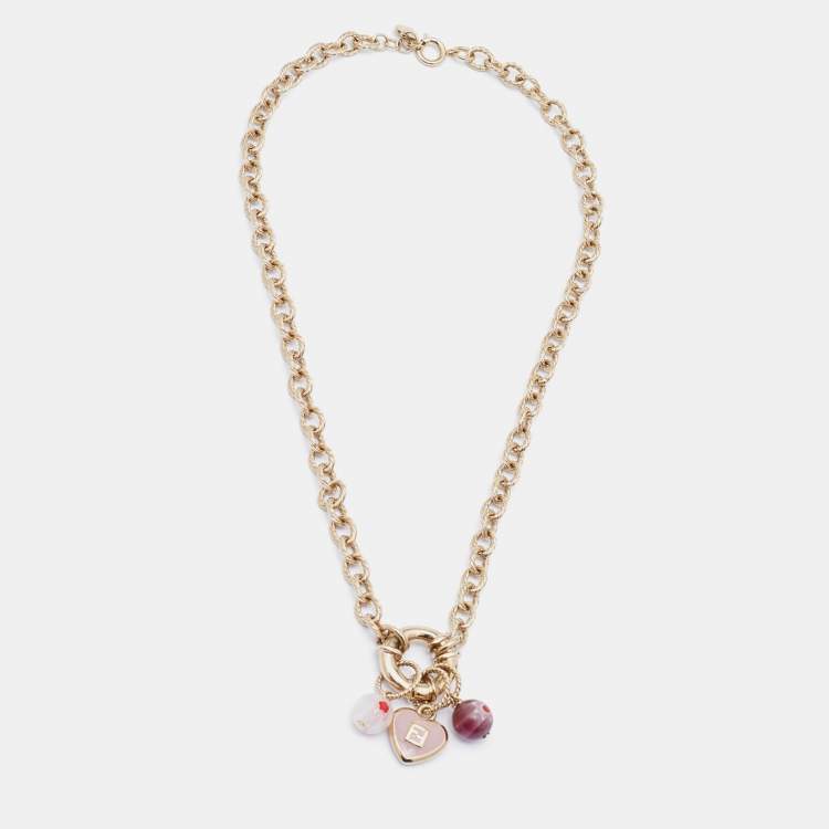 Pre Owned Fendi Pink Enamel Logo Heart & Beads Charm Gold Tone Necklace