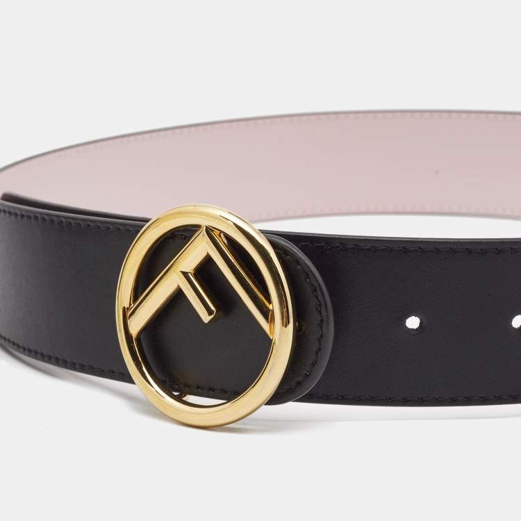 Pre Owned Fendi Black/Pink Leather F Logo Round Reversible Belt