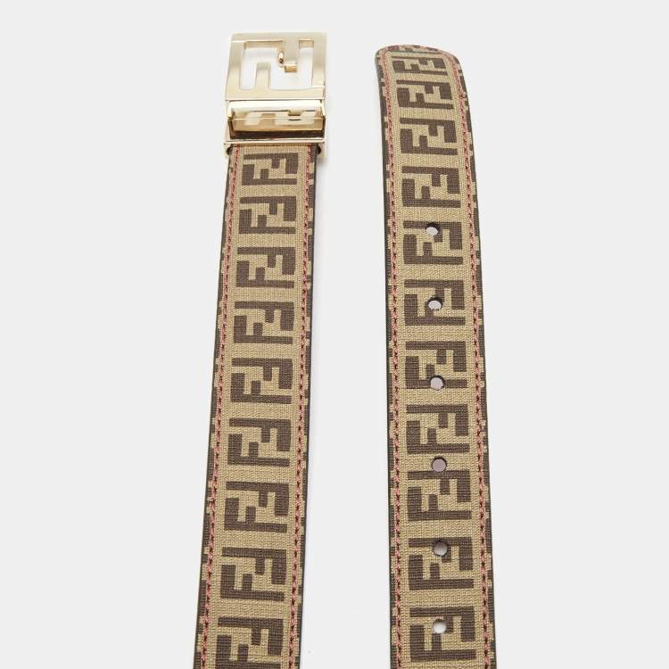 Pre Owned Fendi Brown/Pink Zucchino Coated Canvas and Leather FF Reversible Belt