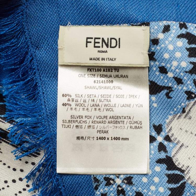 Pre Owned Fendi Blue Leaf Print Fox Fur Trim Silk & Wool Shawl