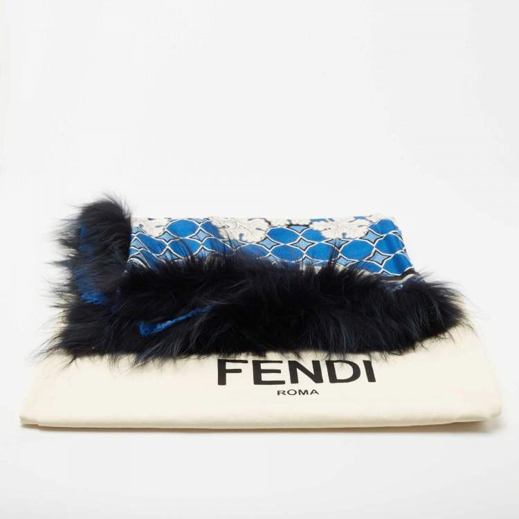 Pre Owned Fendi Blue Leaf Print Fox Fur Trim Silk & Wool Shawl