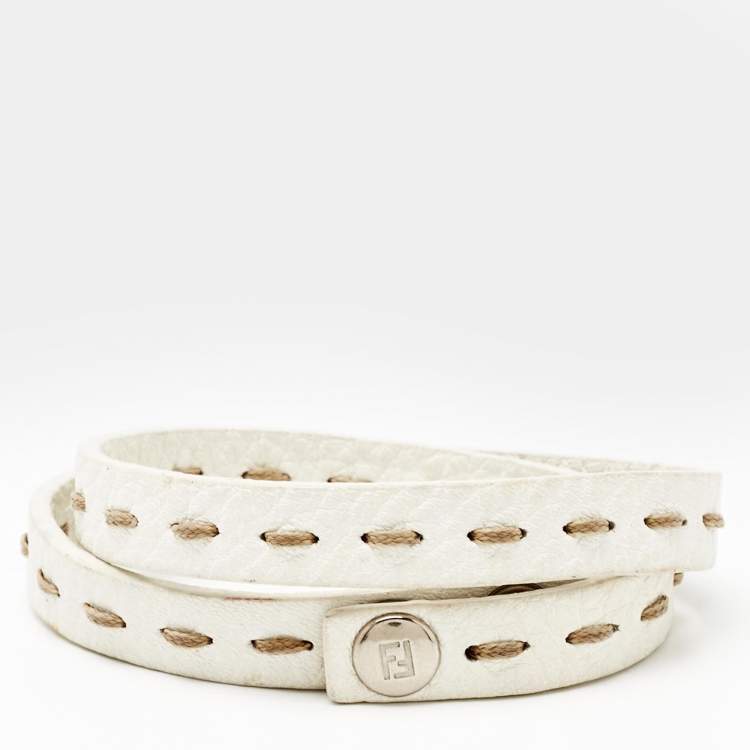 Pre Owned Fendi Selleria White Leather Silver Tone Double Wrap Bracelet 