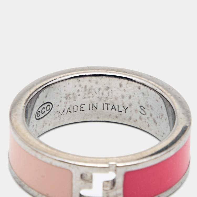 Pre Owned Fendi Fendista Bicolor Enamel Silver Tone Ring Size 51