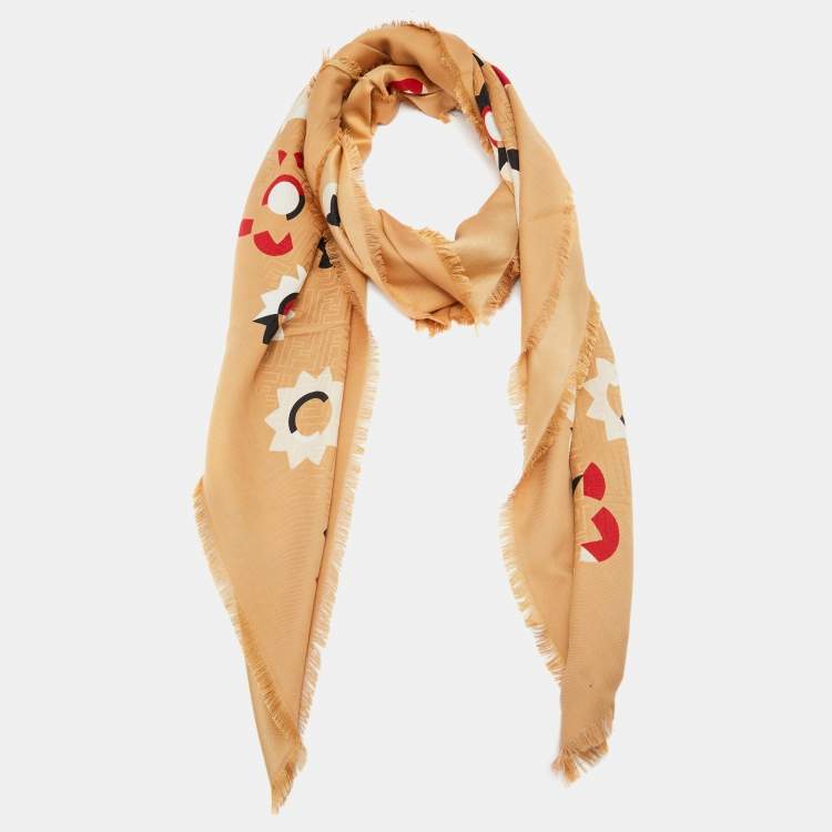 Pre Owned Fendi Brown Floral Printed Wool & Silk Square Scarf