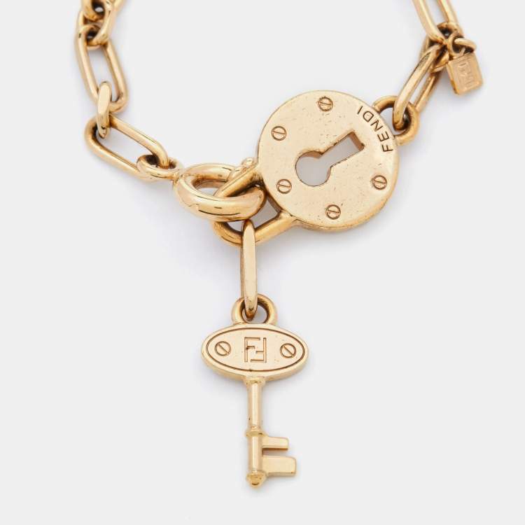 Pre Owned Fendi Gold Tone Chain Link Lock & Key Bracelet