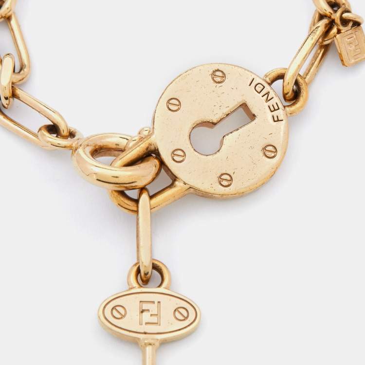 Pre Owned Fendi Gold Tone Chain Link Lock & Key Bracelet