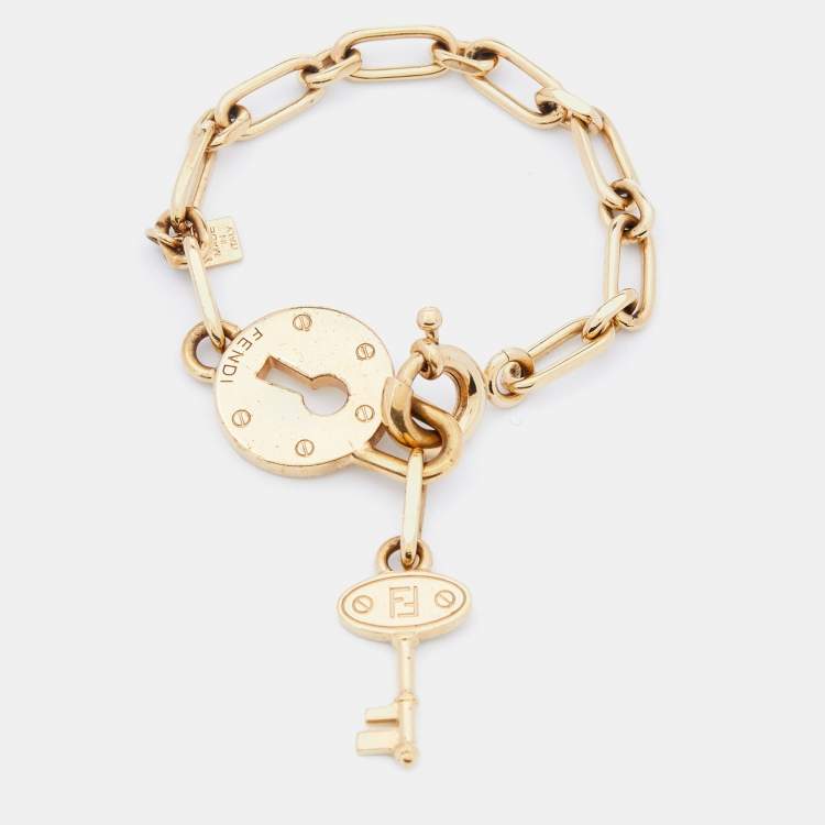 Pre Owned Fendi Gold Tone Chain Link Lock & Key Bracelet