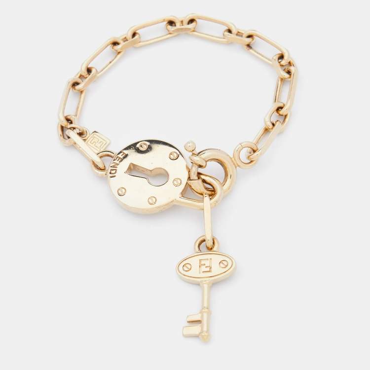 Pre Owned Fendi Gold Tone Chain Link Lock & Key Bracelet