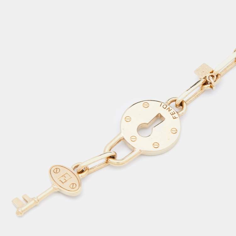 Pre Owned Fendi Gold Tone Chain Link Lock & Key Bracelet