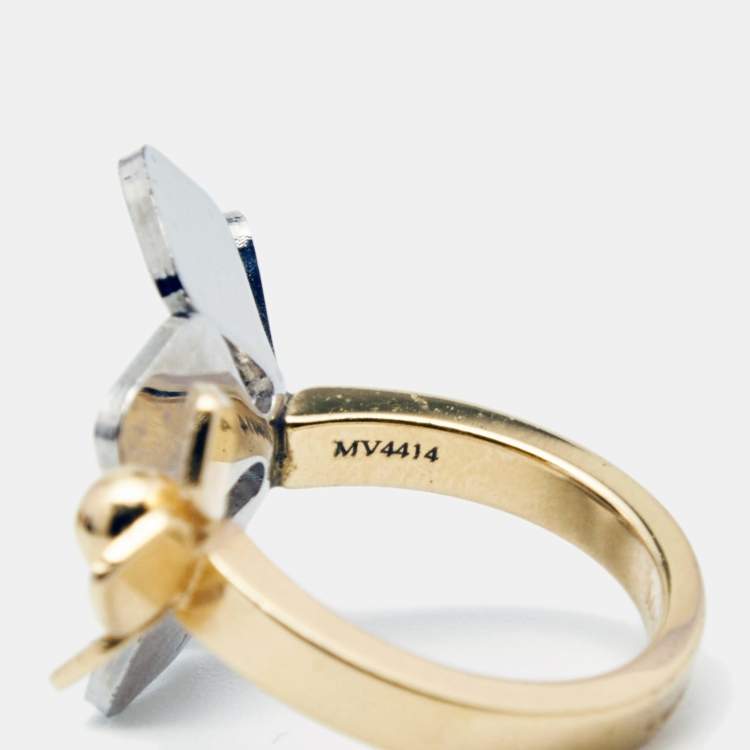 Pre Owned Fendi Flower Motif Two Tone Open Ring Size 52