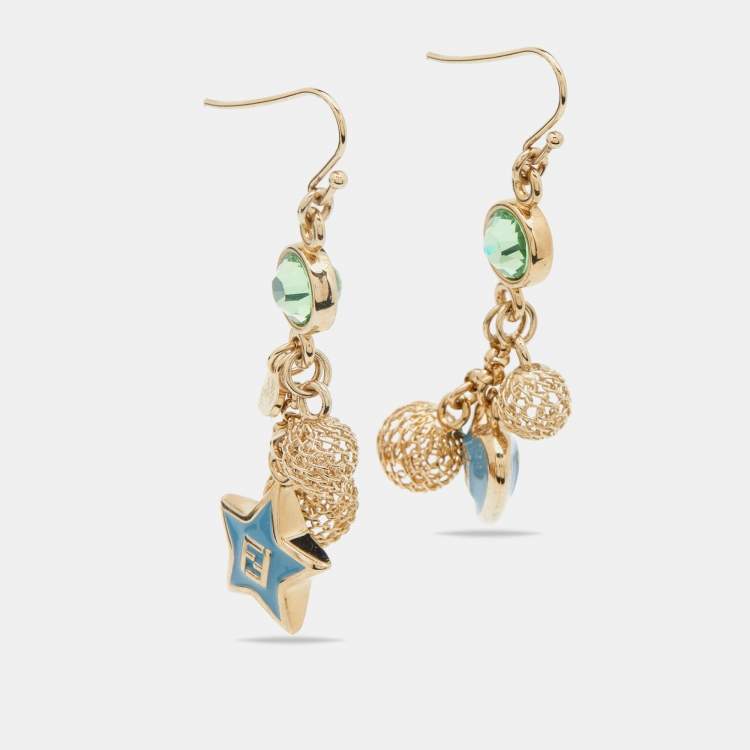 Pre Owned Fendi Gold Tone Logo Star Enamel & Mesh Ball Dangle Earrings