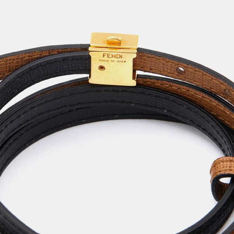 Pre Owned Fendi Gold Tone Bicolor Leather Wrap Bracelet