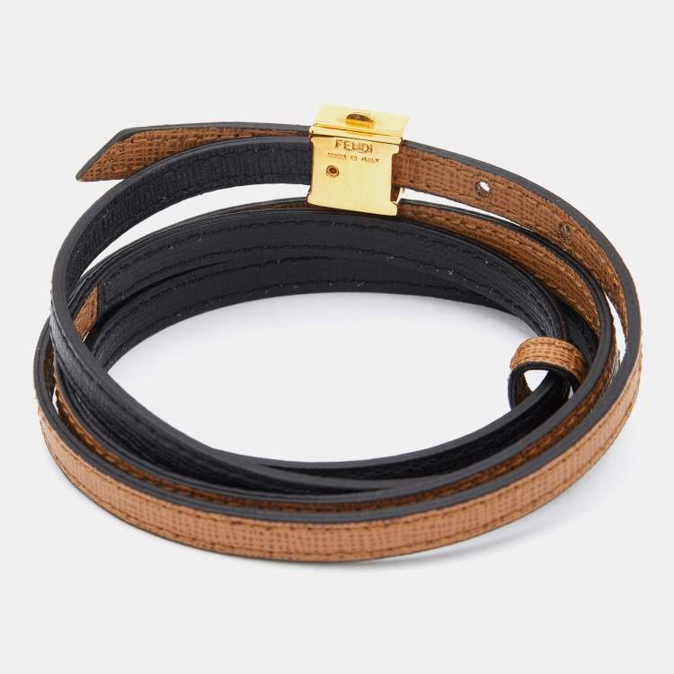 Pre Owned Fendi Gold Tone Bicolor Leather Wrap Bracelet