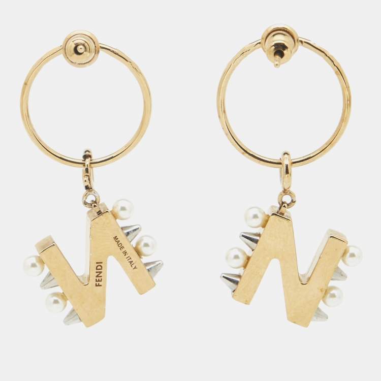 Pre Owned Fendi  Gold Tone Pearl & Rockstudd Embellished N Letter Charm Drop Earrings 