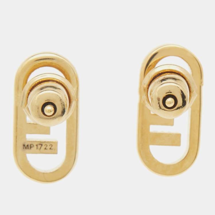Pre Owned Fendi O'Lock Crystal Gold Tone Stud Earrings