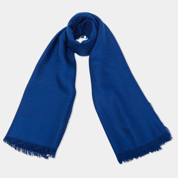 Pre Owned Fendi Blue FF Jacquard Silk & Wool Shawl