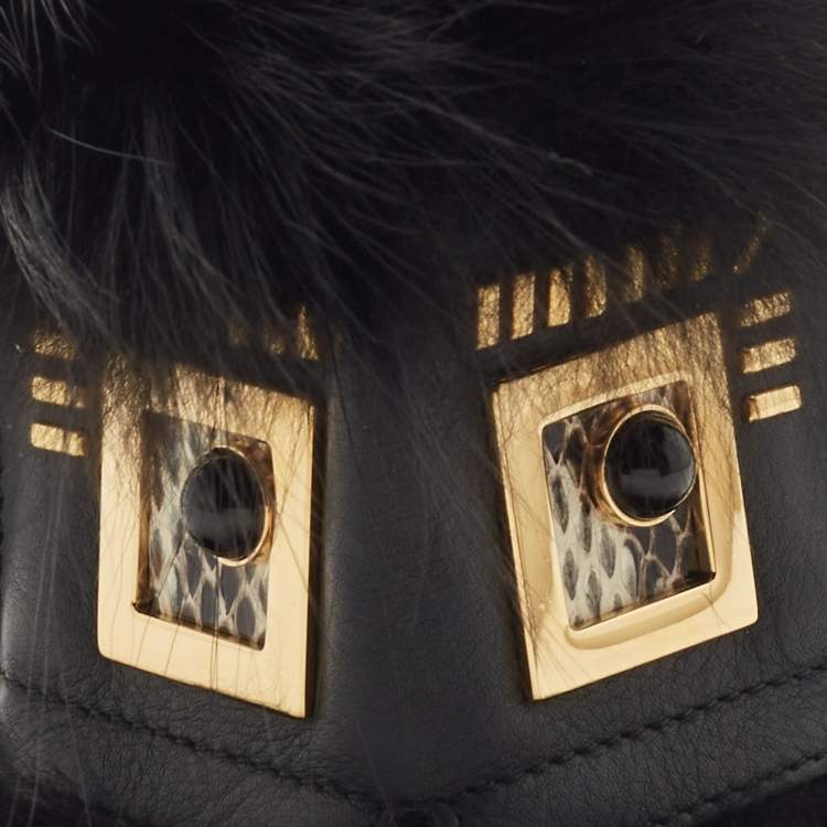Pre Owned Fendi  Black Leather and Fox Fur Hypnoteyes Bag Charm 