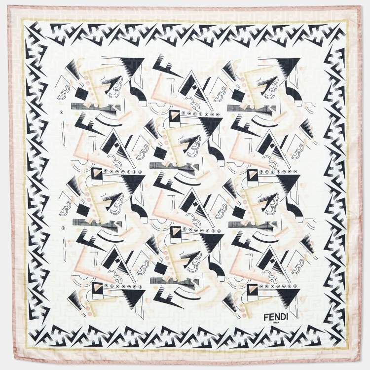 Pre Owned Fendi Beige Log Jacquard Silk Abstract Printed Silk Square Scarf