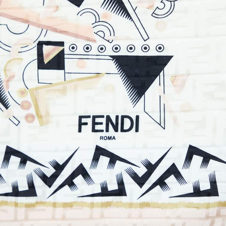 Pre Owned Fendi Beige Log Jacquard Silk Abstract Printed Silk Square Scarf