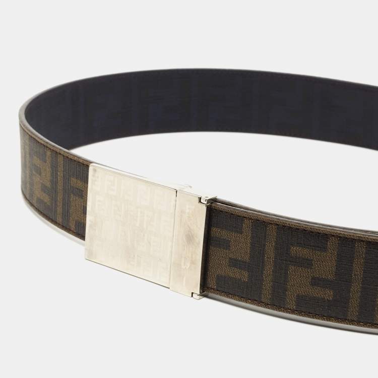 Pre Owned Fendi Tobacco/Blue Zucca Coated Canvas FF Plague Reversible Belt 120CM