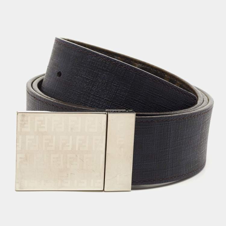 Pre Owned Fendi Tobacco/Blue Zucca Coated Canvas FF Plague Reversible Belt 120CM