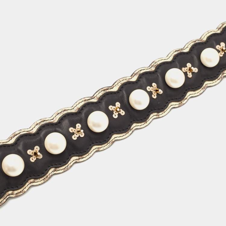 Pre Owned Fendi Black/Cream Leather and Watersnake Pearl Embellished Shoulder Bag Strap
