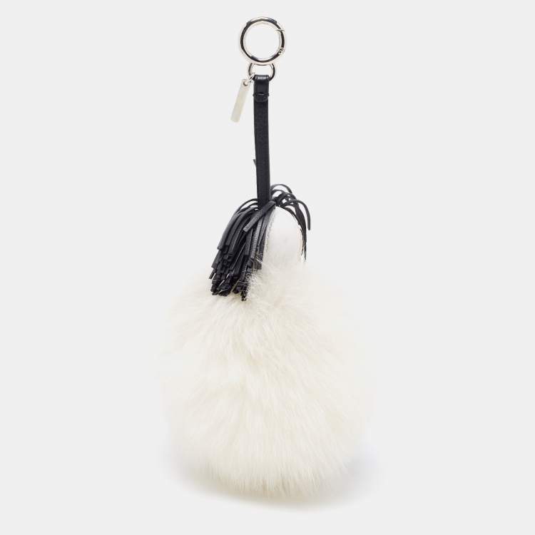 Pre Owned Fendi White/Black Fox Fur and Leather Karlito Pom Pom Bag Charm
