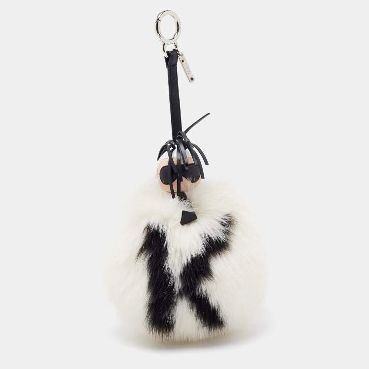 Pre Owned Fendi White/Black Fox Fur and Leather Karlito Pom Pom Bag Charm