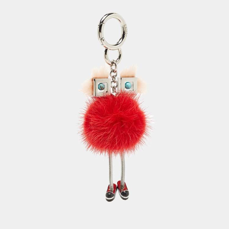 Pre Owned Fendi Red/Peach Fur Hypnoteyes Chick Pom Pom Bag Charm