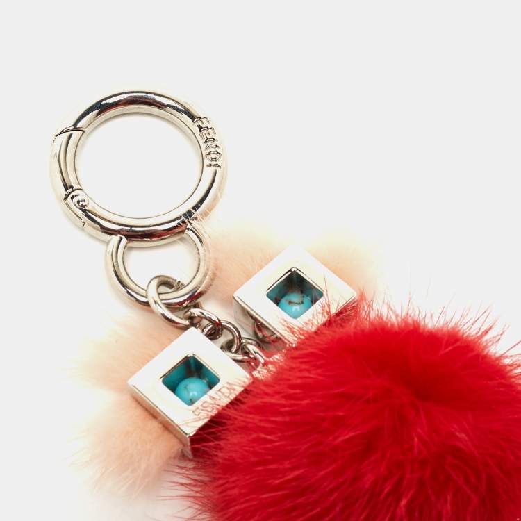 Pre Owned Fendi Red/Peach Fur Hypnoteyes Chick Pom Pom Bag Charm