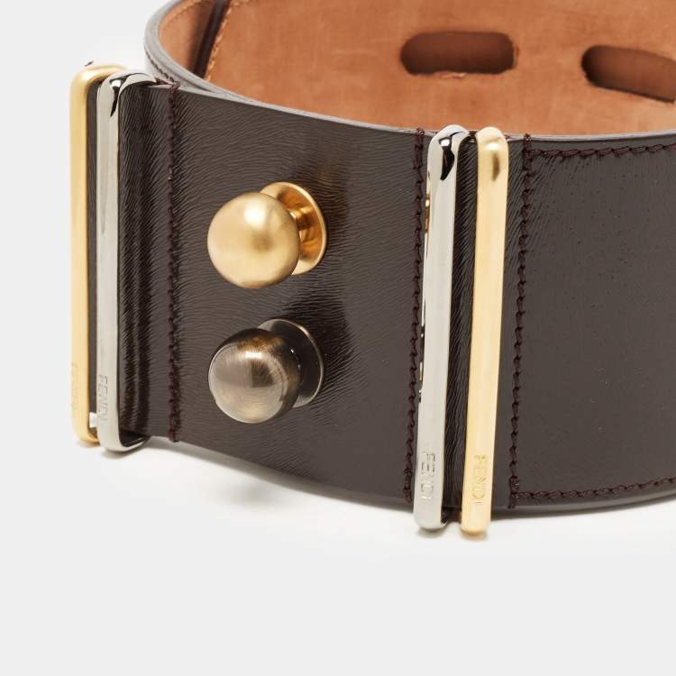 Pre Owned Fendi Choco Brown Glossy Leather Metal Waist Belt 75CM