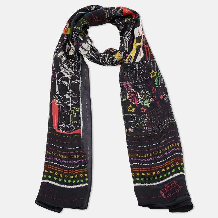 Pre Owned Fendi Black Abstract Printed Silk Scarf