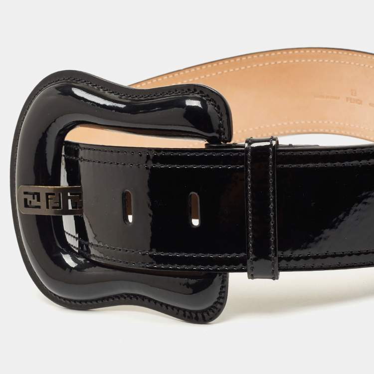 Pre Owned Fendi Black Patent Leather Buckle B Waist Belt 70CM