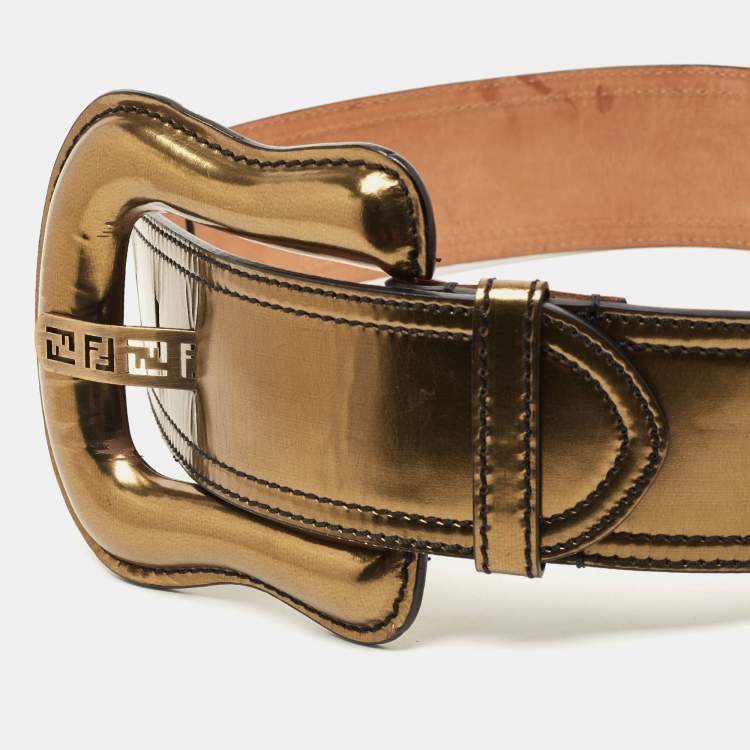 Pre Owned Fendi Gold Patent Leather Buckle B Waist Belt 70CM