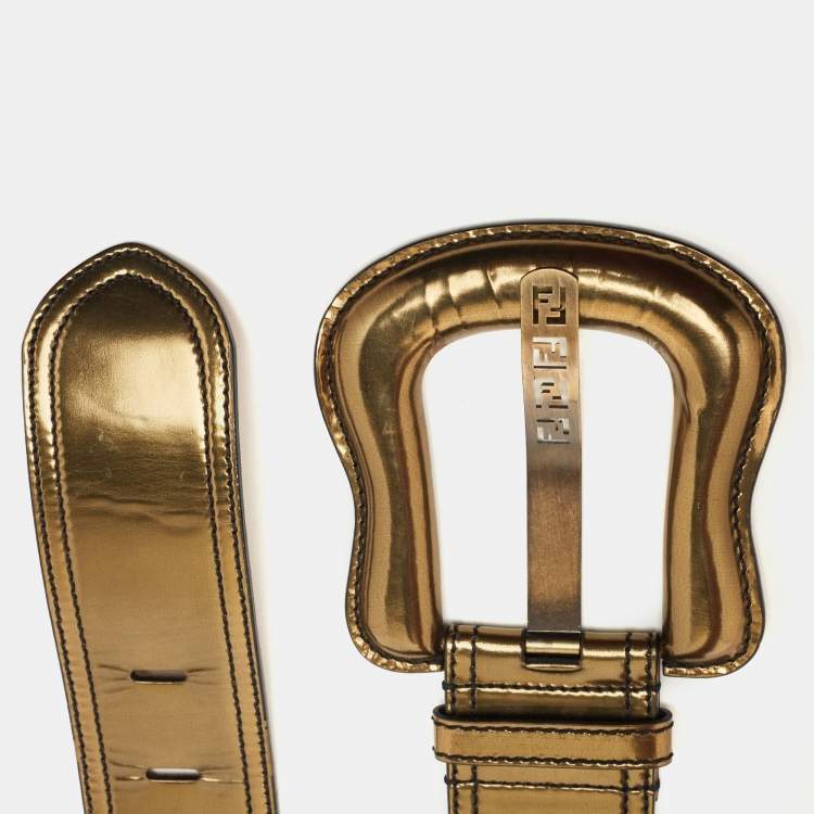 Pre Owned Fendi Gold Patent Leather Buckle B Waist Belt 70CM
