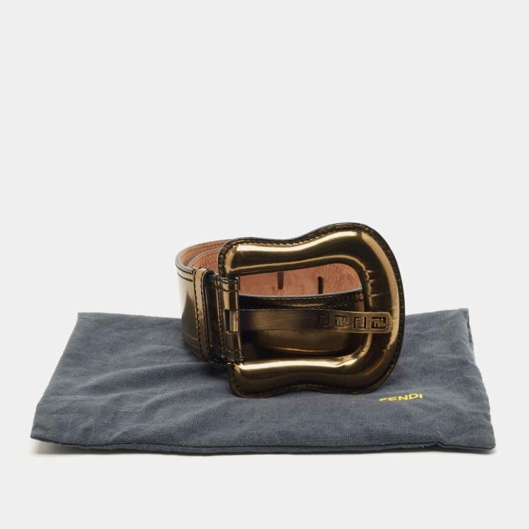 Pre Owned Fendi Gold Patent Leather Buckle B Waist Belt 70CM