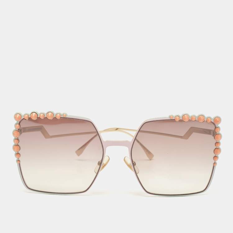 Pre Owned Fendi Gold Tone/Pink Gradient Studded FF0259S Oversized Sunglasses