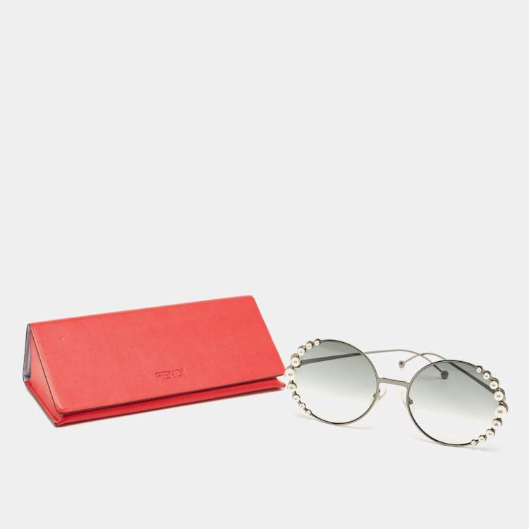 Pre Owned Fendi Gunmetal Tone/Grey Gradient Studded FF0259S Round Sunglasses