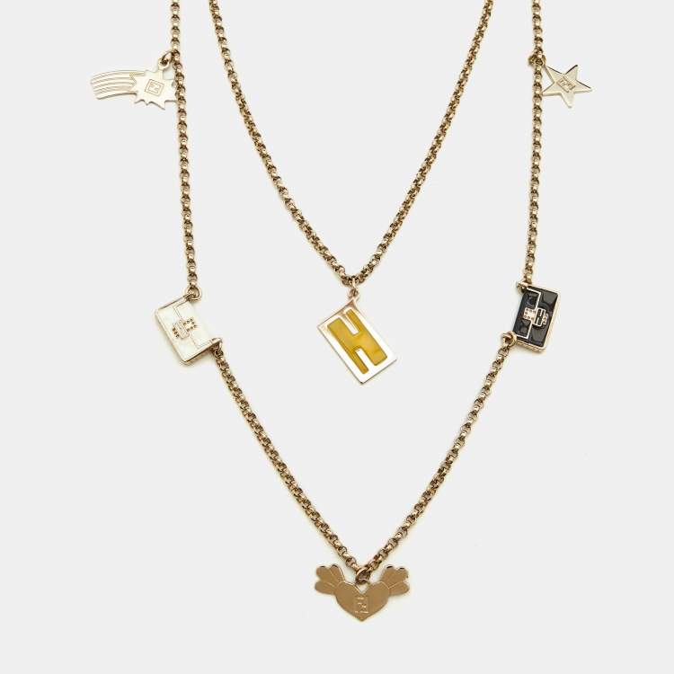 Pre Owned Fendi Gold Tone Multi Charm Layered Necklace