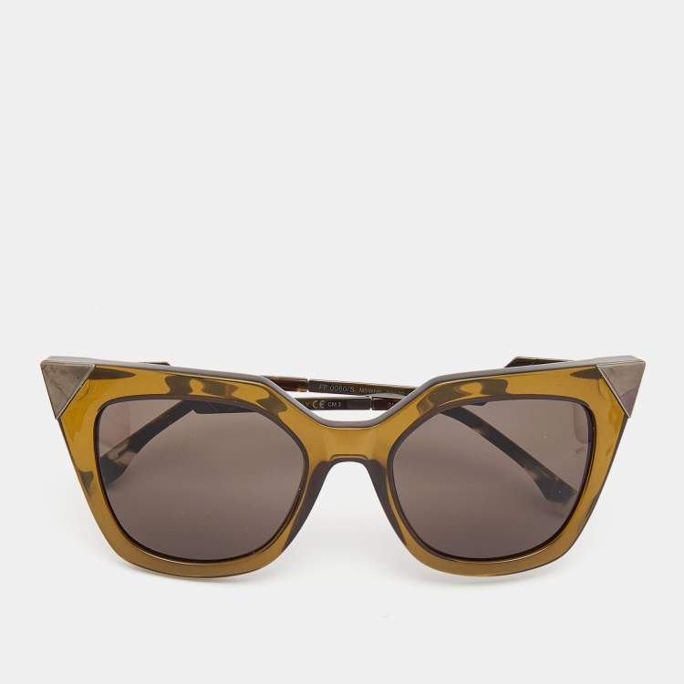 Pre Owned Fendi Khaki Green/Orange Iridia Cat Eye Sunglasses