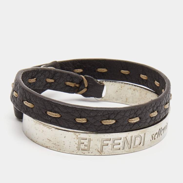 Pre Owned Fendi Selleria Silver Tone Cuff & Metallic Leather Double Wrap Bracelet