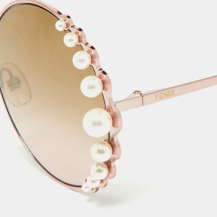 Pre Owned Fendi RoseGold/Pink Pearl Embellished FF0295S Round Sunglasses