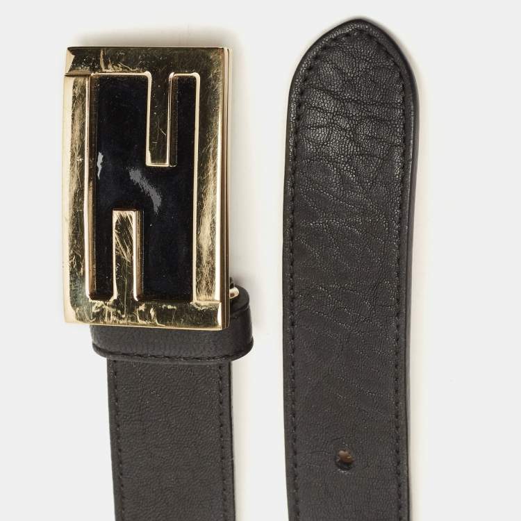 Pre Owned Fendi Black Leather FF Buckle Belt 80CM