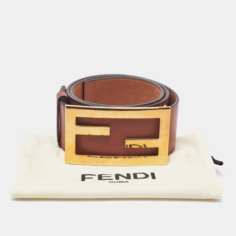 Pre Owned Fendi Brown Leather FF Wide Waist Buckle Belt 75CM