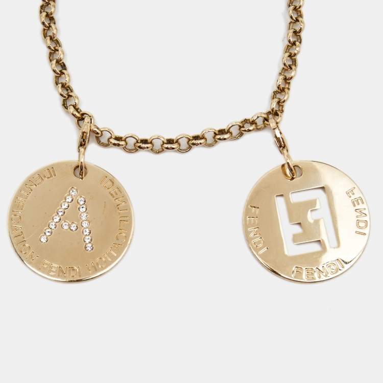Pre Owned Fendi Logo Identification Letter  A Crystal Gold Tone Charm Bracelet